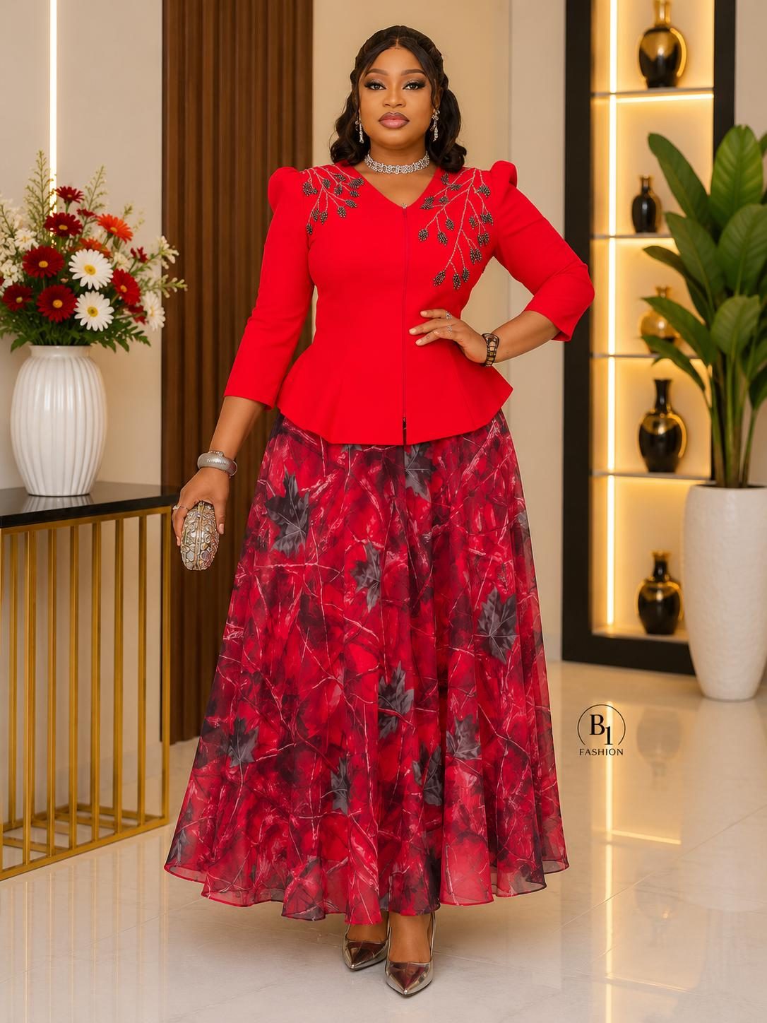 Women's Executive Peplum Blouse & Floral Maxi Skirt Set