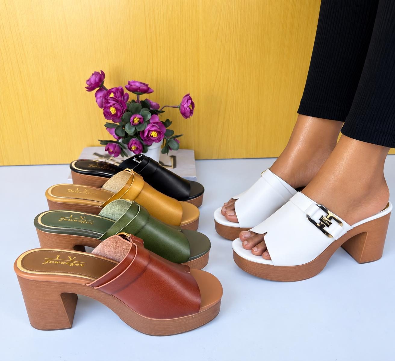 Block Heel Mules / Open-Back Peep-Toe Sandals 