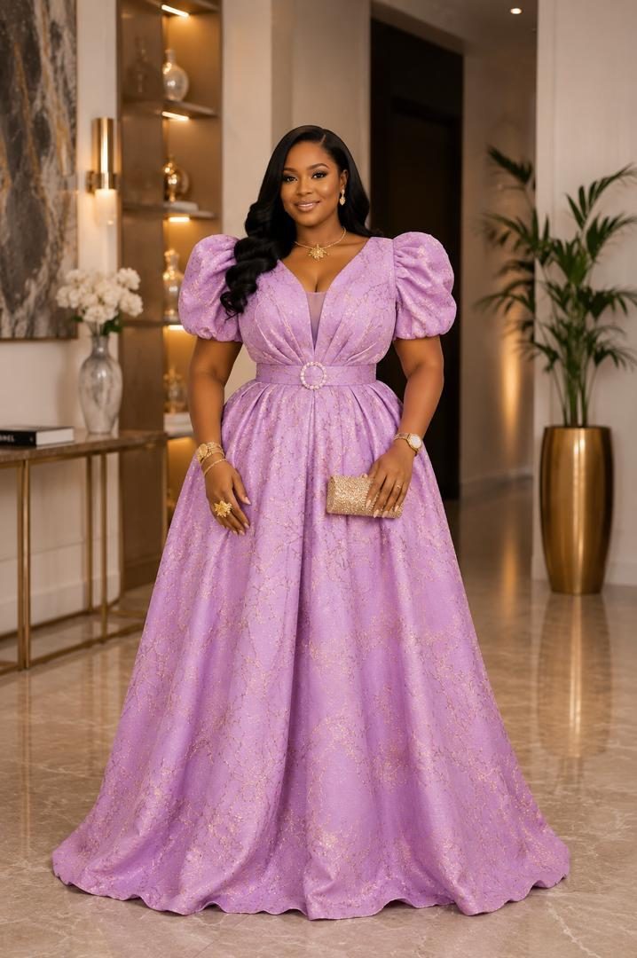 Luxury Jacquard/Brocade Puff-Sleeve Ball Gown